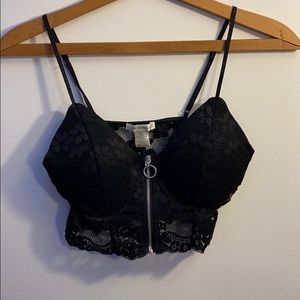 black zip up lace top